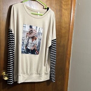 Together Clothing Striped Sleeve Graphic Women Top
